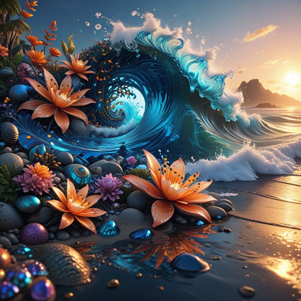 Vibrant Beach Party in Fantasy Landscapes with Iridescent Sh...