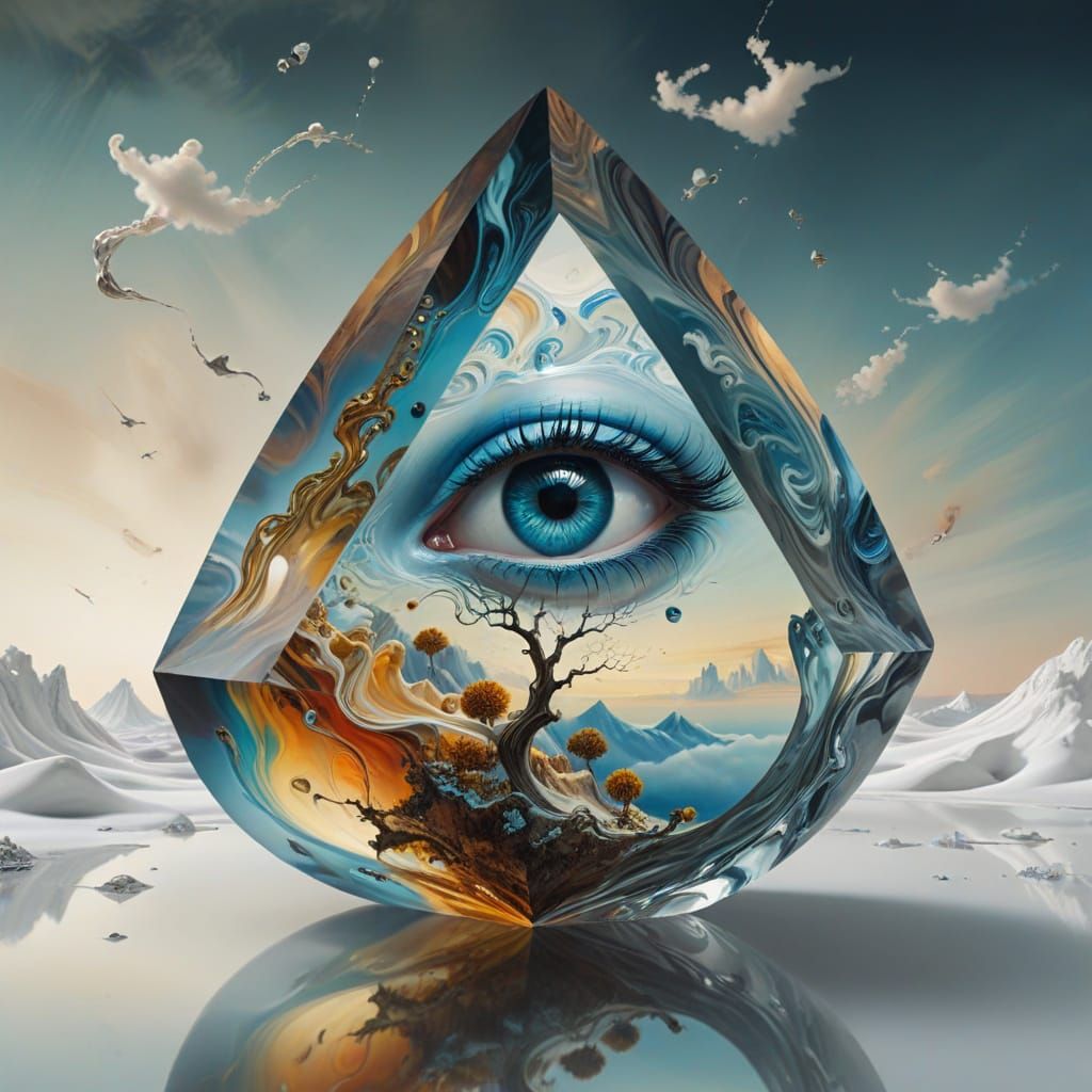 Surreal Crystal Prism with Four Seasonal Landscapes in Vibra...