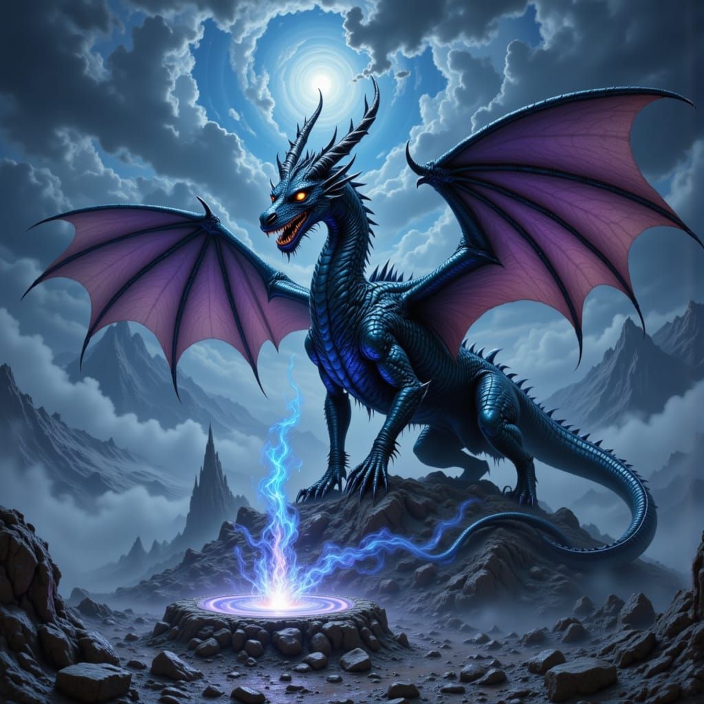 Ancient Sapphire Dragon Guards Magical Portal