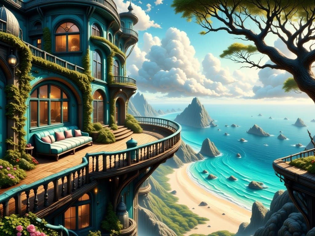 Ethereal Victorian Mansion Scene on a Wooden Balcony