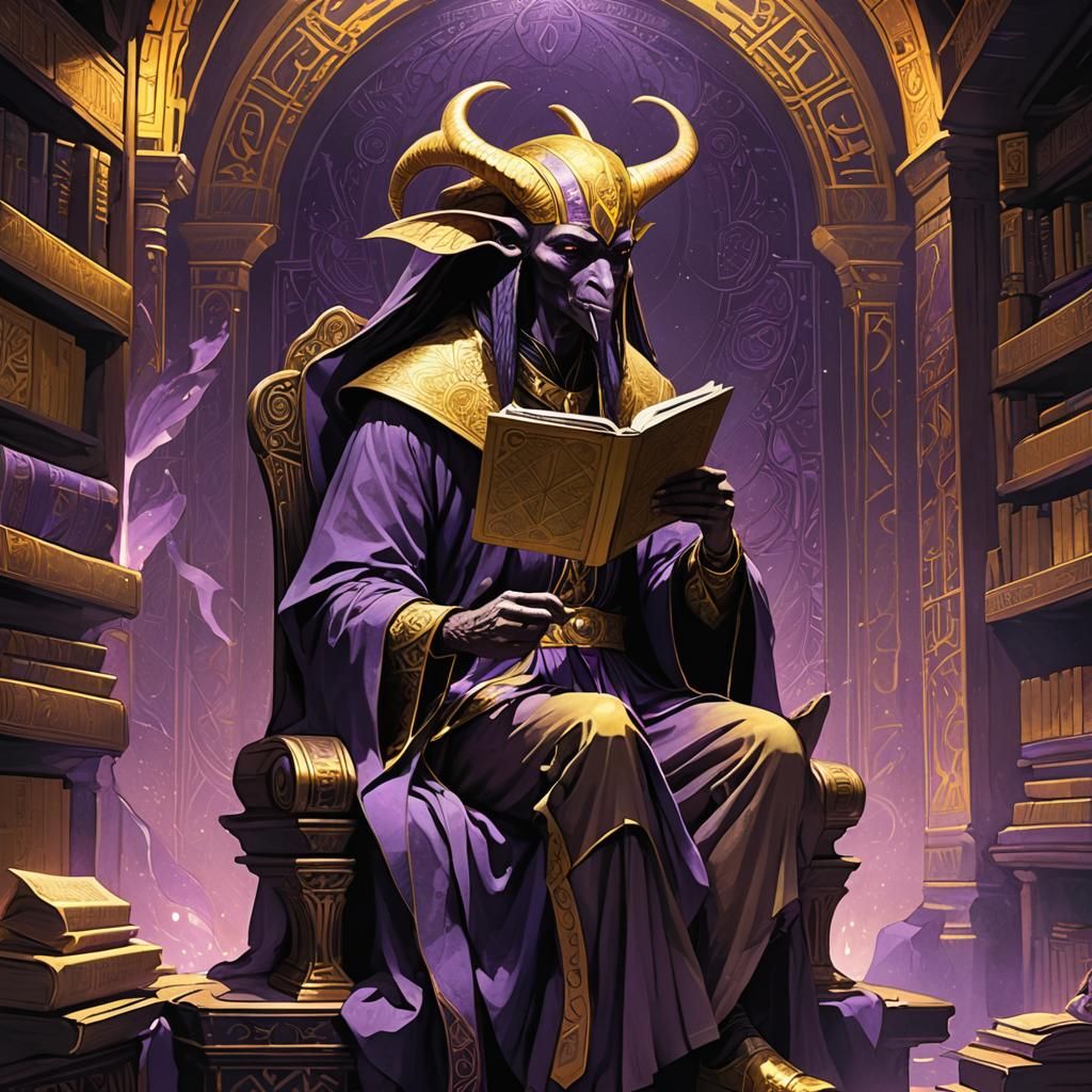 Thoth Reading a Magazine in Dark Fantasy Style