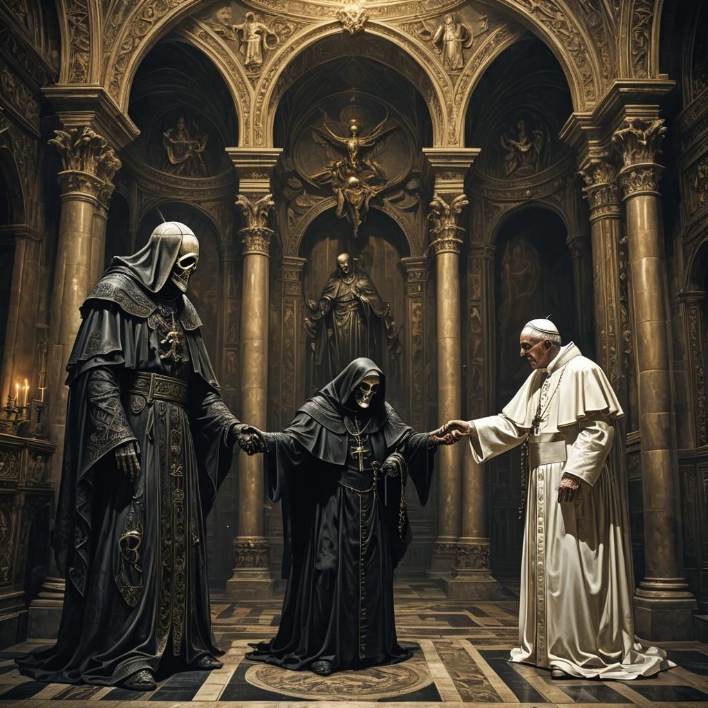 Grim Reaper and Pope Handshake in Dark Fantasy Art