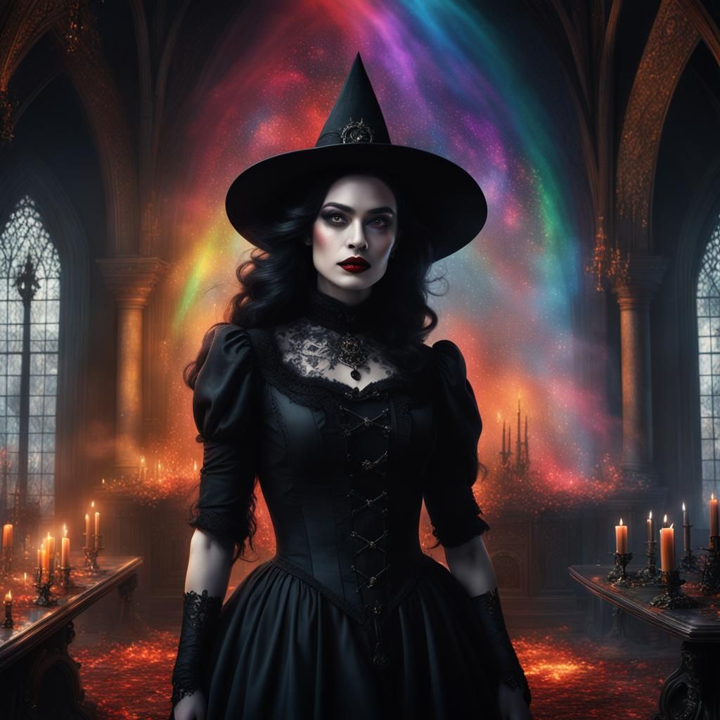 Young Witch Casting Rainbow Magic in Gothic Room
