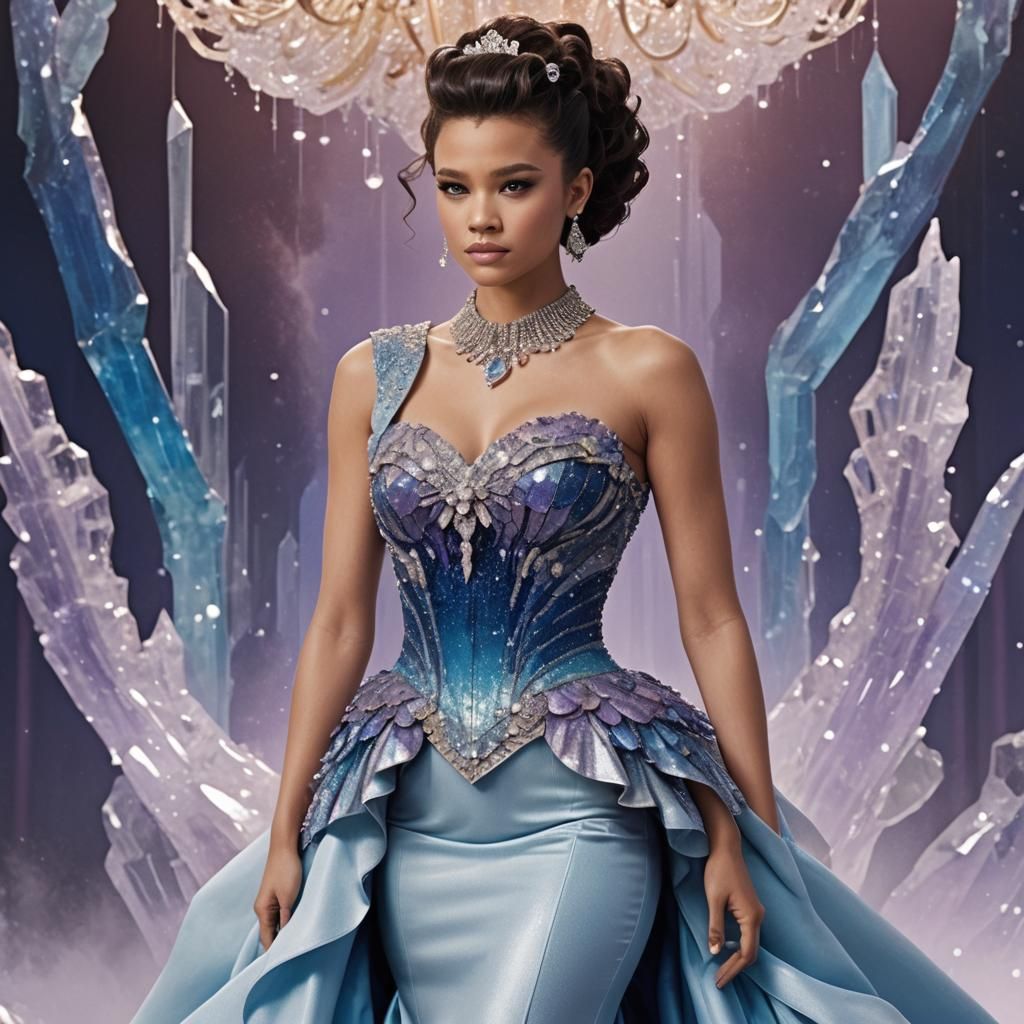 Woman in Crystalline Gown in Shattered Ballroom