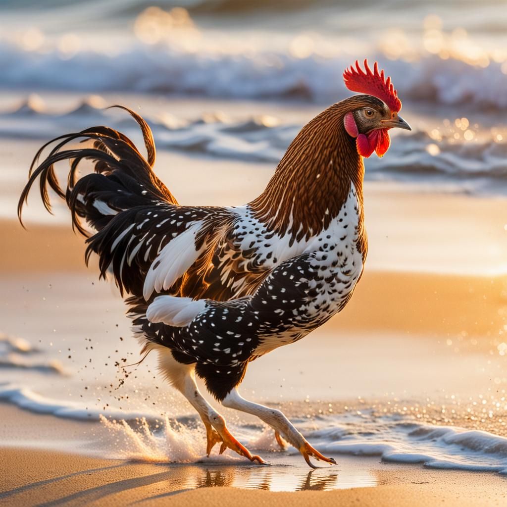 Speckled Sussex Hen Runs on Beach in Pop Art