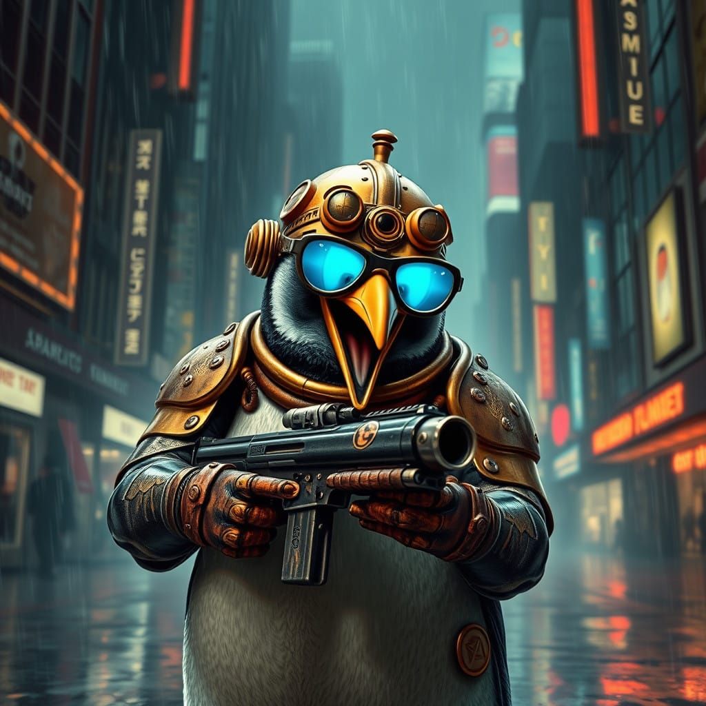 Cyberpunk Penguin Warrior in Brass Armor
