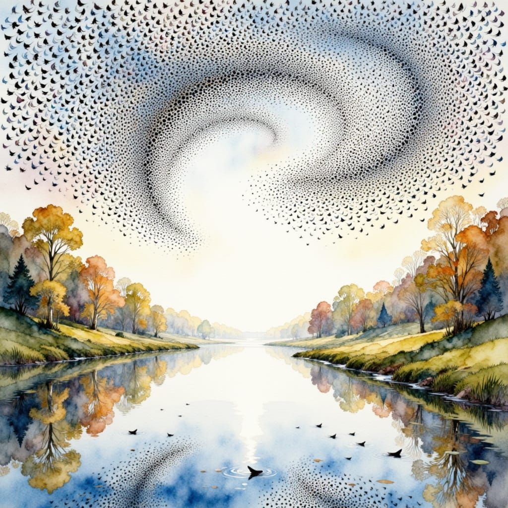 Watercolor Murmuration Over Mirrored Pool