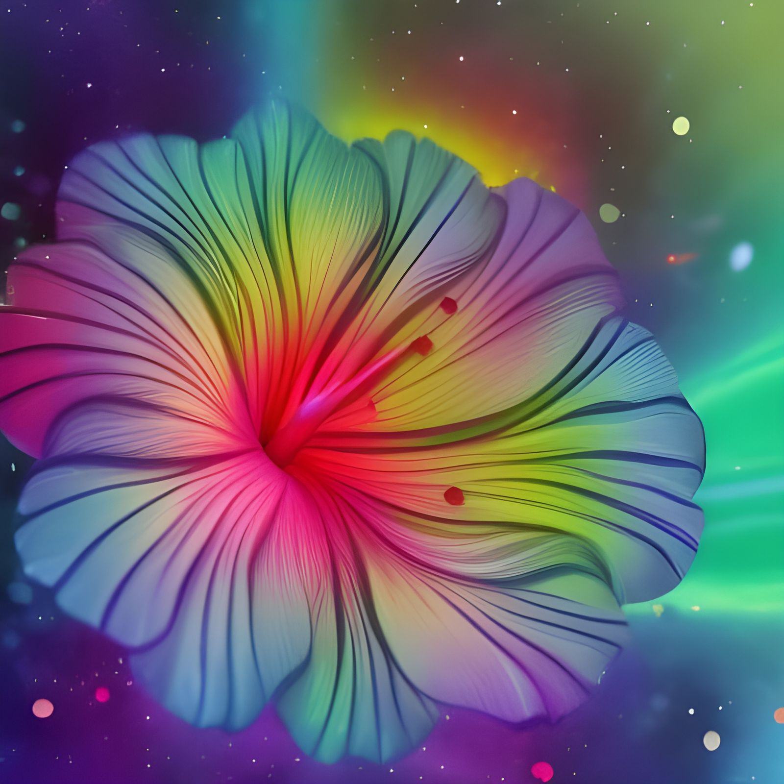 Galactic Rainbow Hibiscus Flowers in a Mystical Galaxy