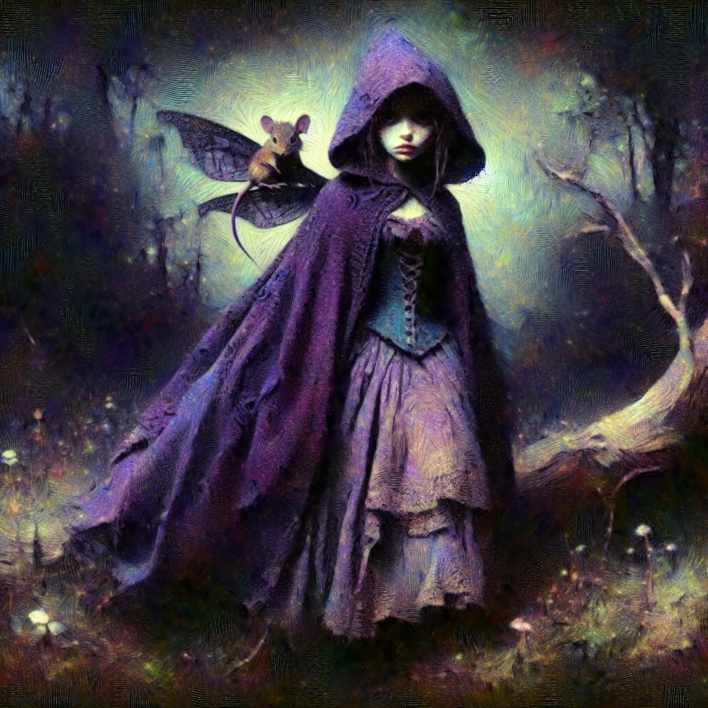 Eerie Fairy in Purple Cloak, Impressionistic Woodland
