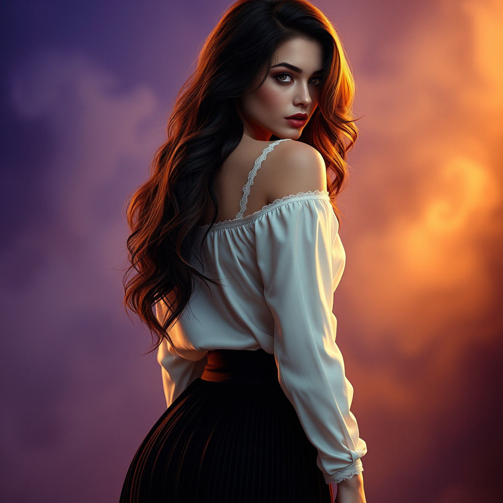 Enigmatic Brunette in Flowing Satin, Fantasy Aesthetic