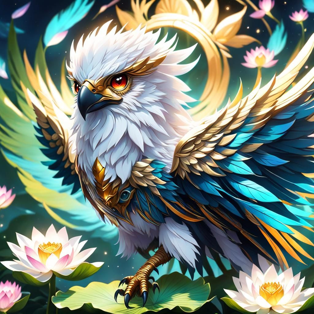 Cute Tiny Hippogriff Flying over Lotus Blossom