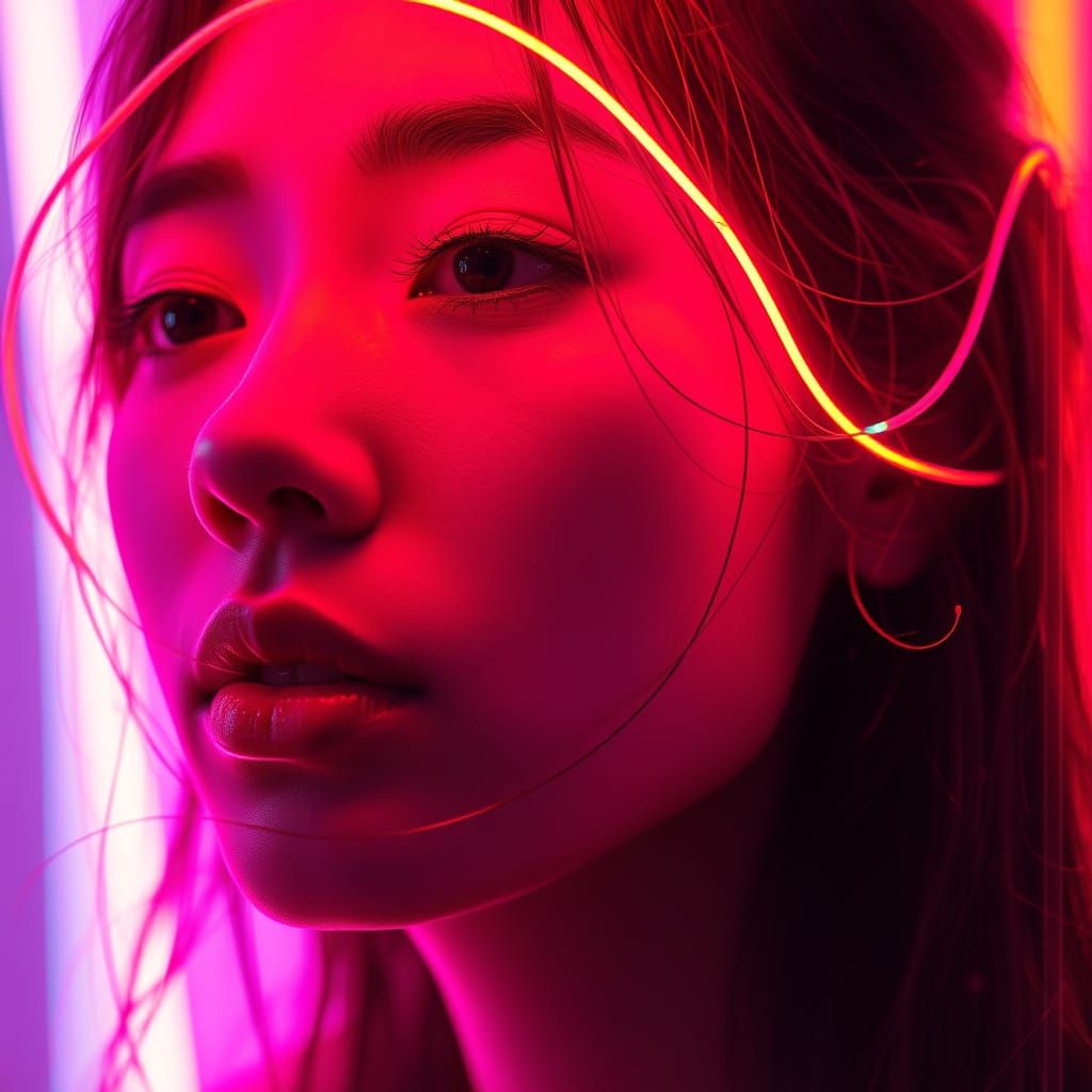 Woman Transformed by Neon Rainbow Light in Cyberpunk Style