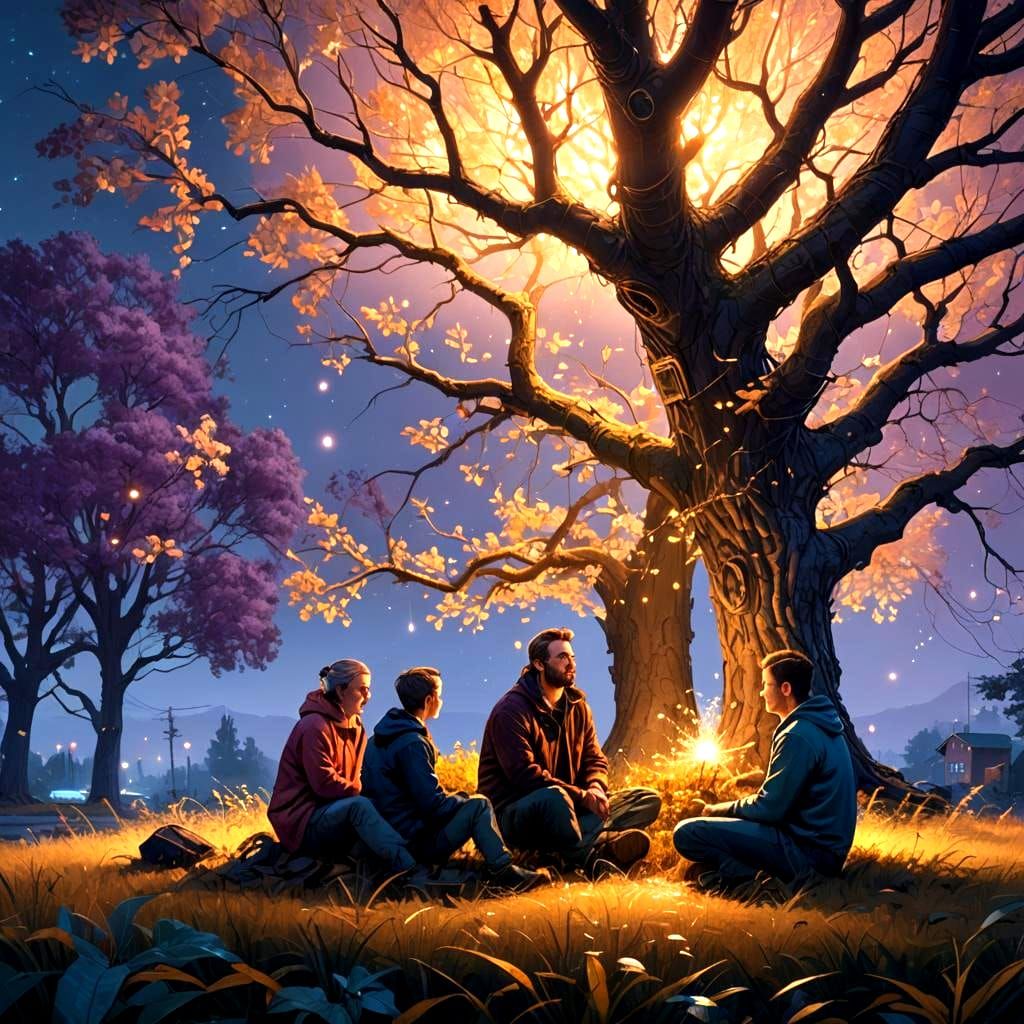Father and Twins in Fantastical Moonlit Garden