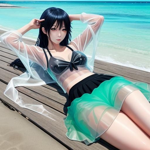 Anime Woman in Sheer Clothing on Beach