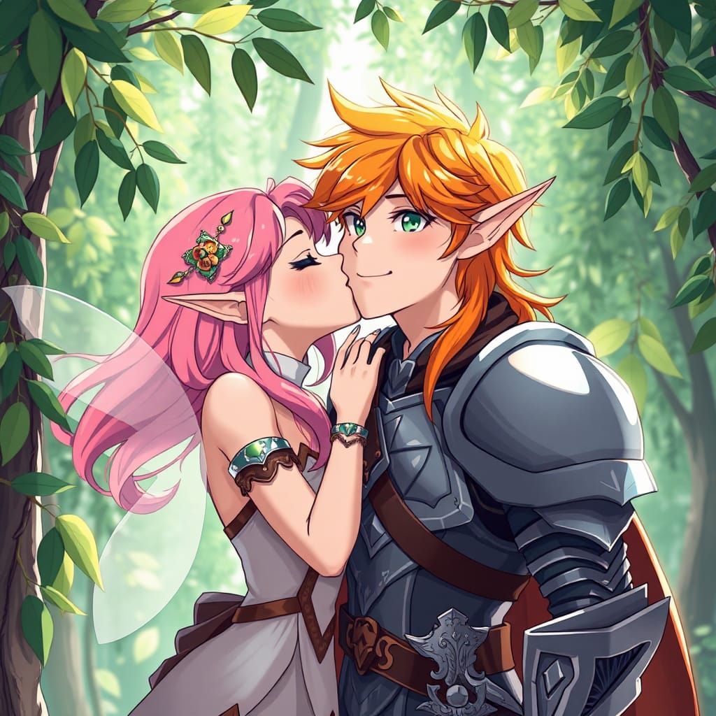Anime Fairy and Elf Kiss in Willow Trees