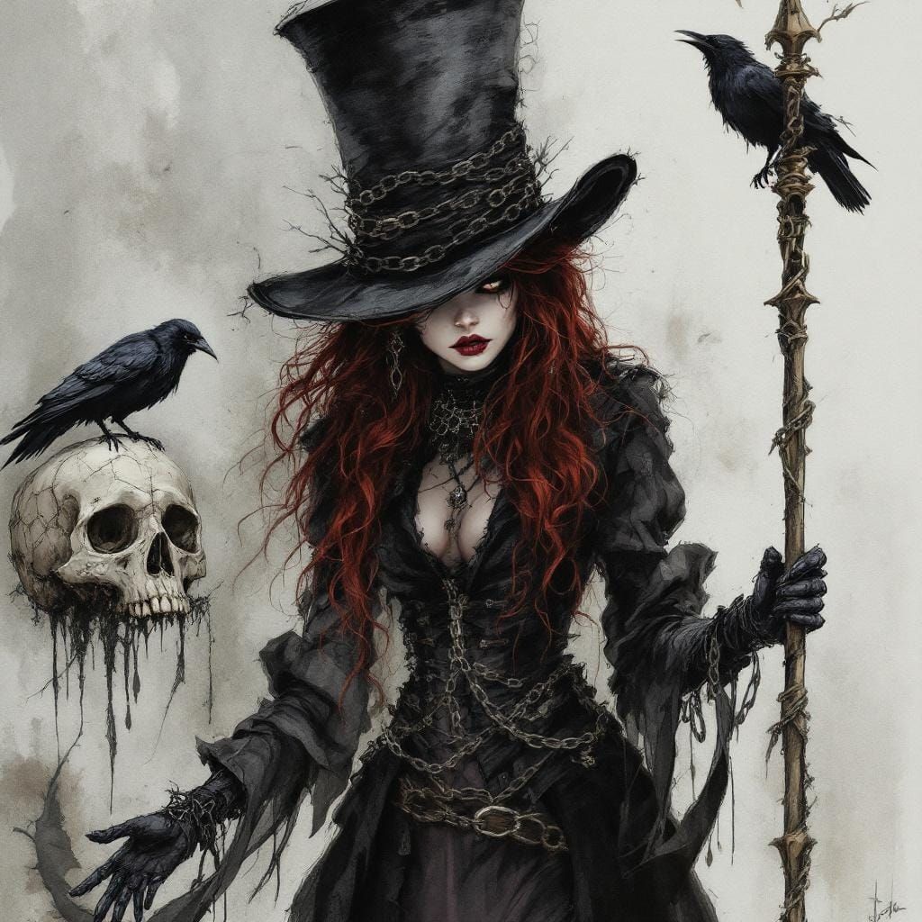 Eerie Victorian Woman with Raven Staff in Watercolor Style