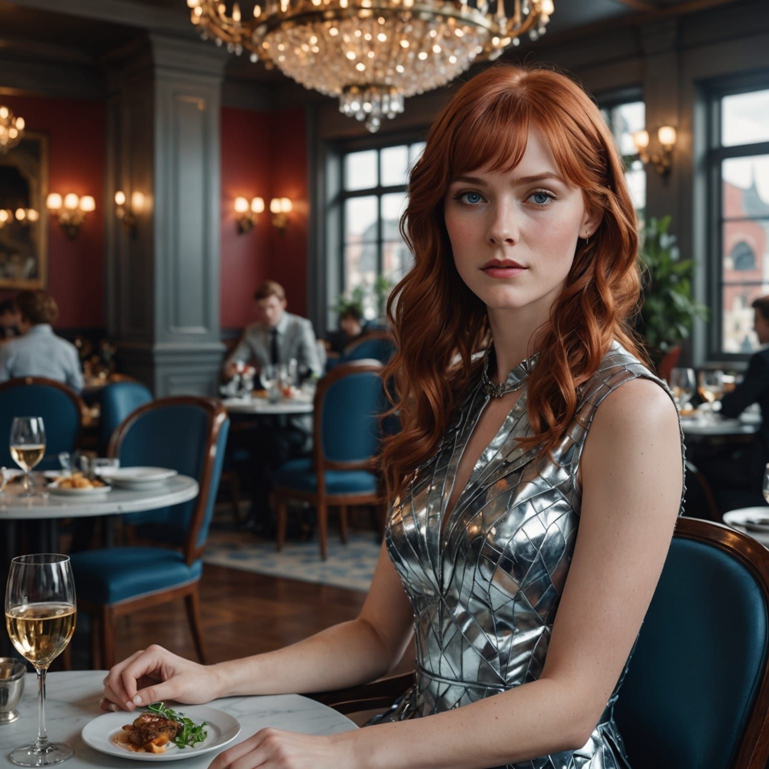 Elegant Woman in Silver Dress at Fancy Restaurant