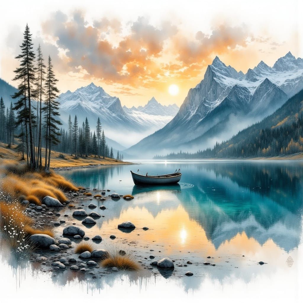 Mountain Lake Sunset in Surrealist Style