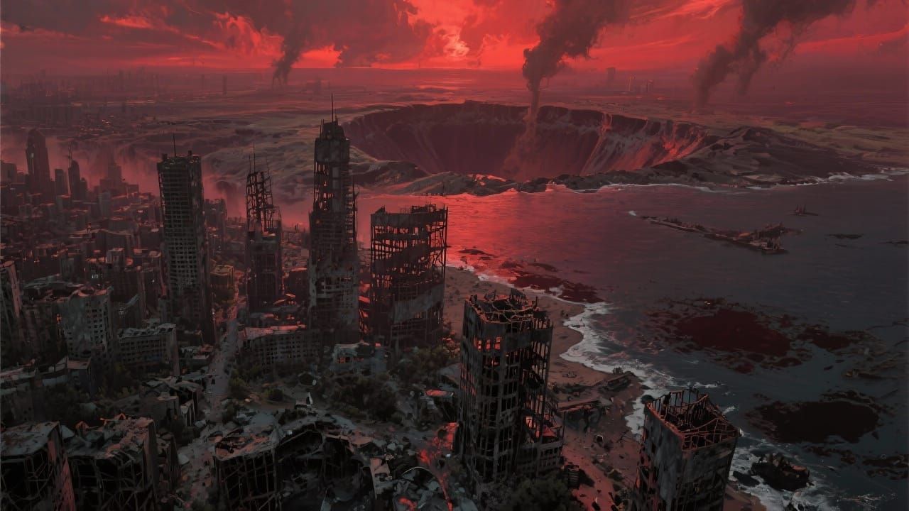 Post-Apocalyptic City Overlooking Polluted Ocean