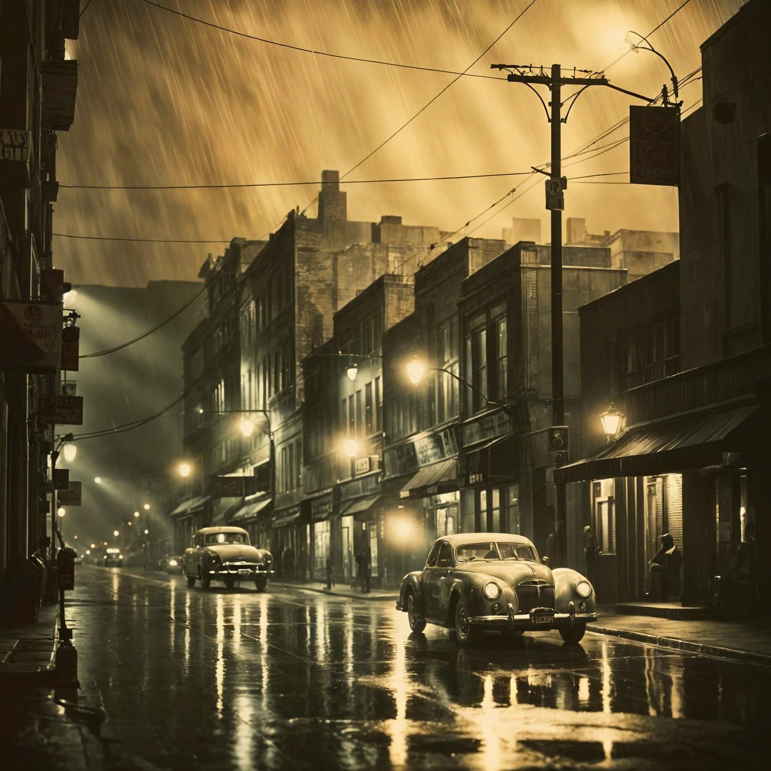 Rainy Cityscape Inspired by Classic Film Noir