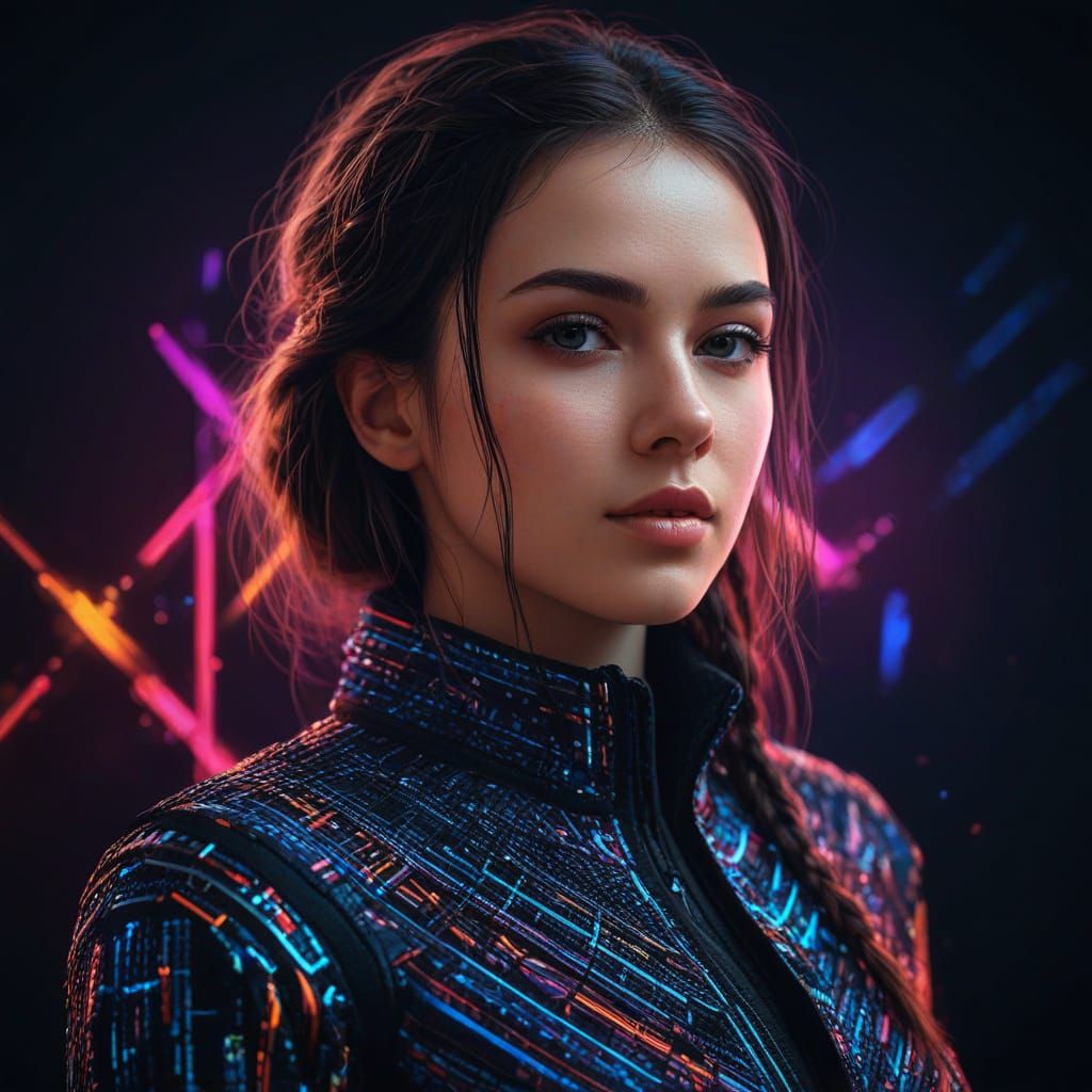 Stunning Woman Portrait with Glowing Pixel Art