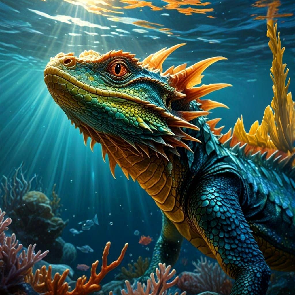 Slender Water Dragon Swimming Through Crystal Ocean