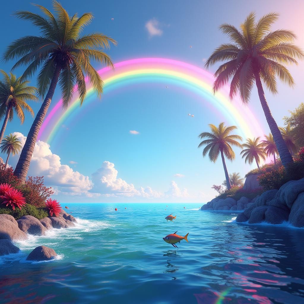 Underwater Rainbow Palm Trees in Dreamlike Digital Art