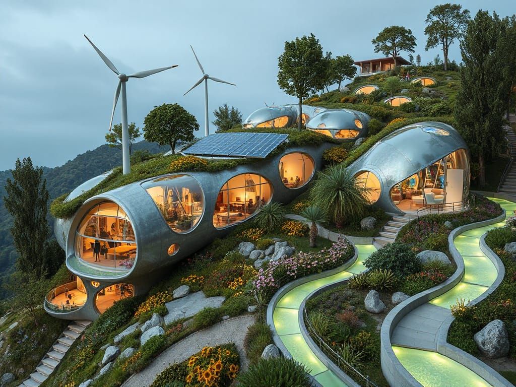 Solarpunk Utopia of Glass Dwellings and Organic Curves