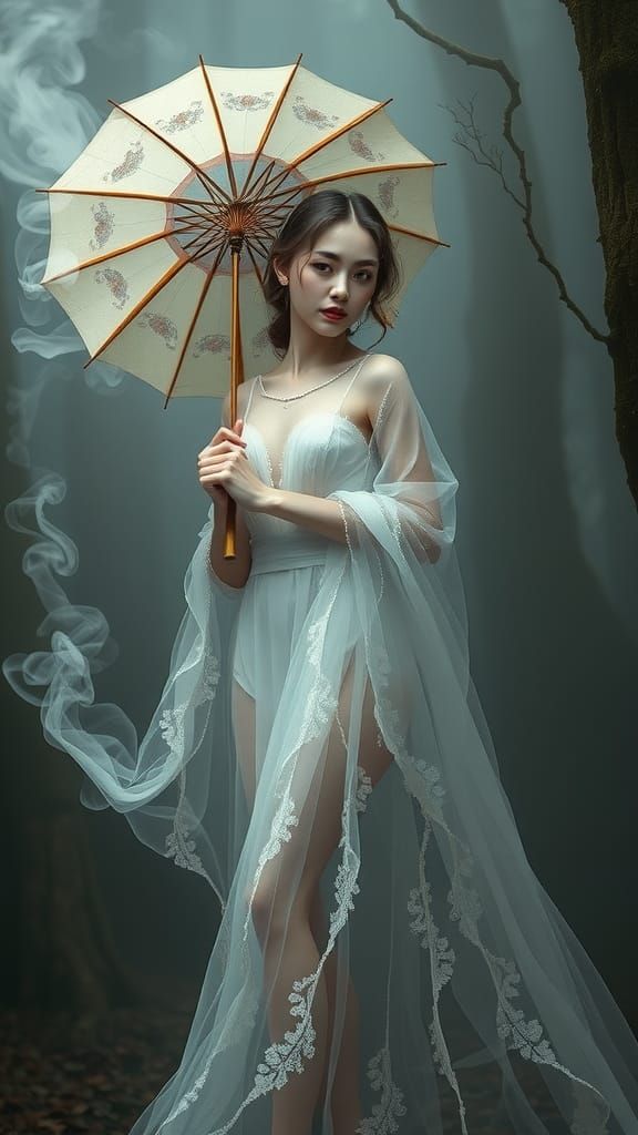 Ethereal Ghost with Paper Umbrella in Misty Forest