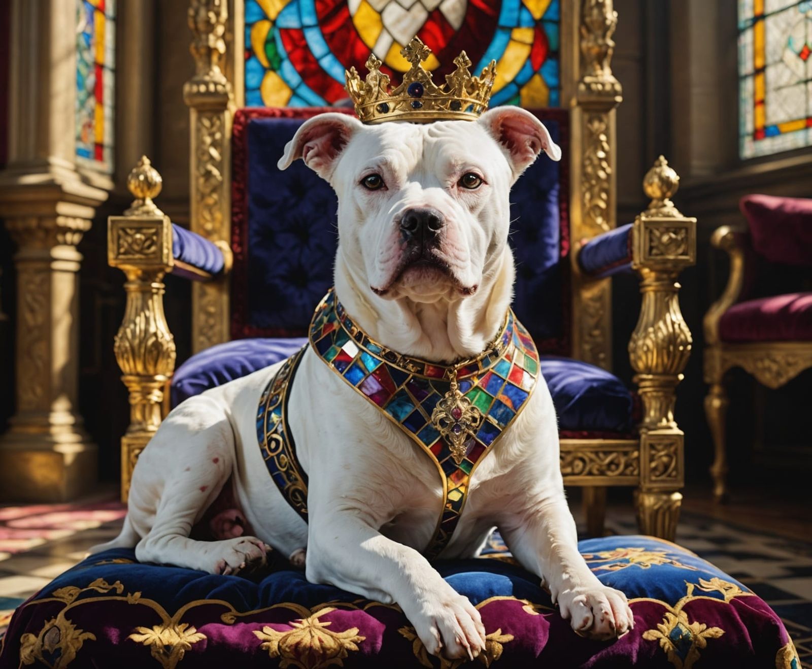 Regal Bull Arab Mix Dog Sits Majestically on Velvet Throne