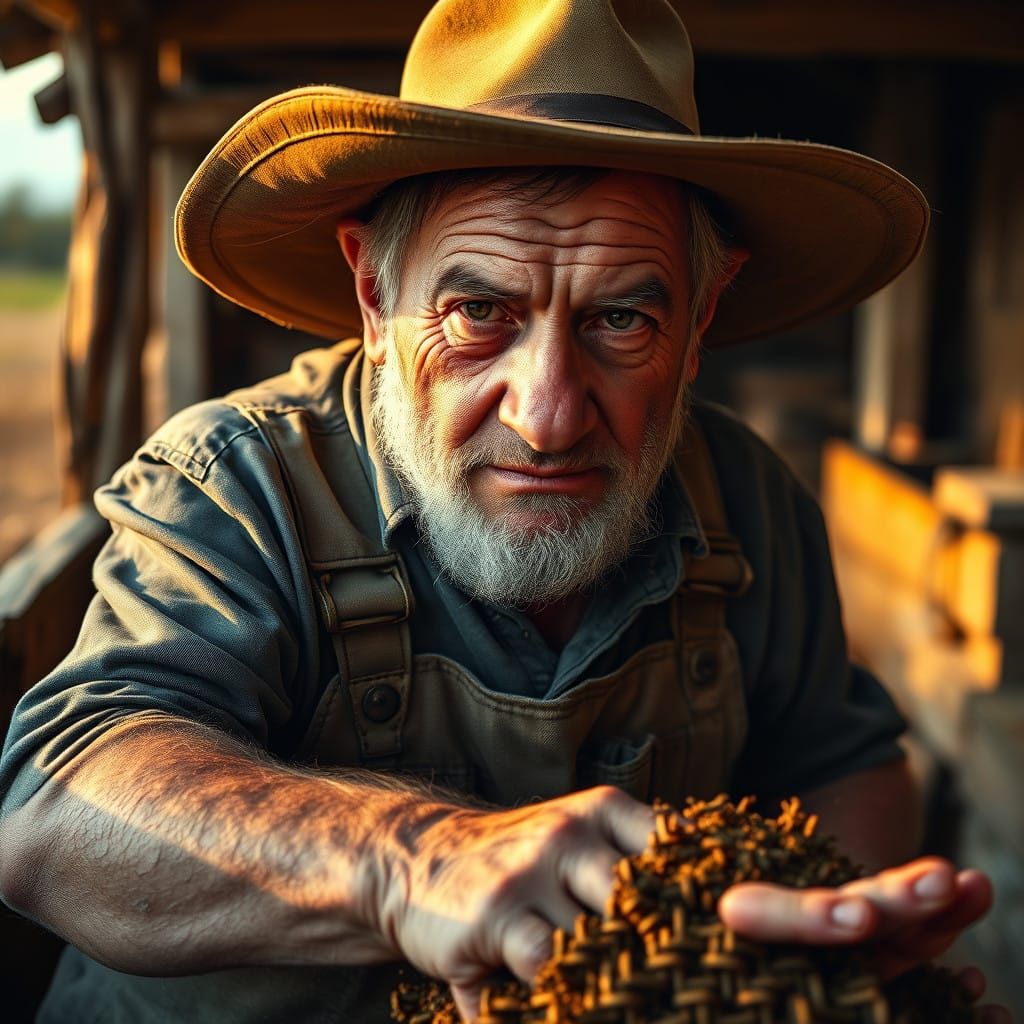 Hyperrealistic Pig Farmer in Golden Rural Landscape