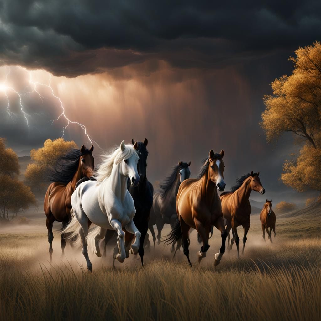 Horses in Stormy Field: Detailed Matte Painting