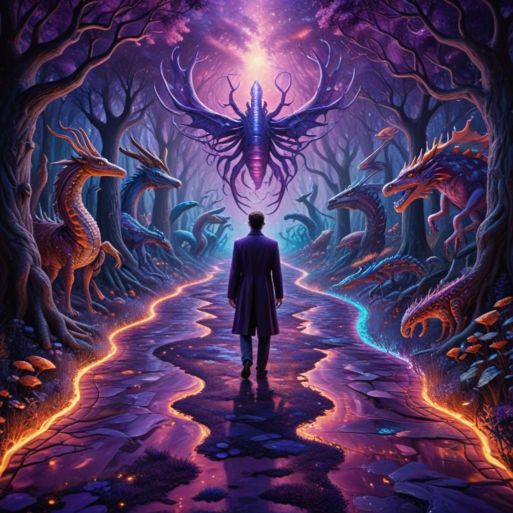 Surreal Crossroads: Man Between Fantastic Paths