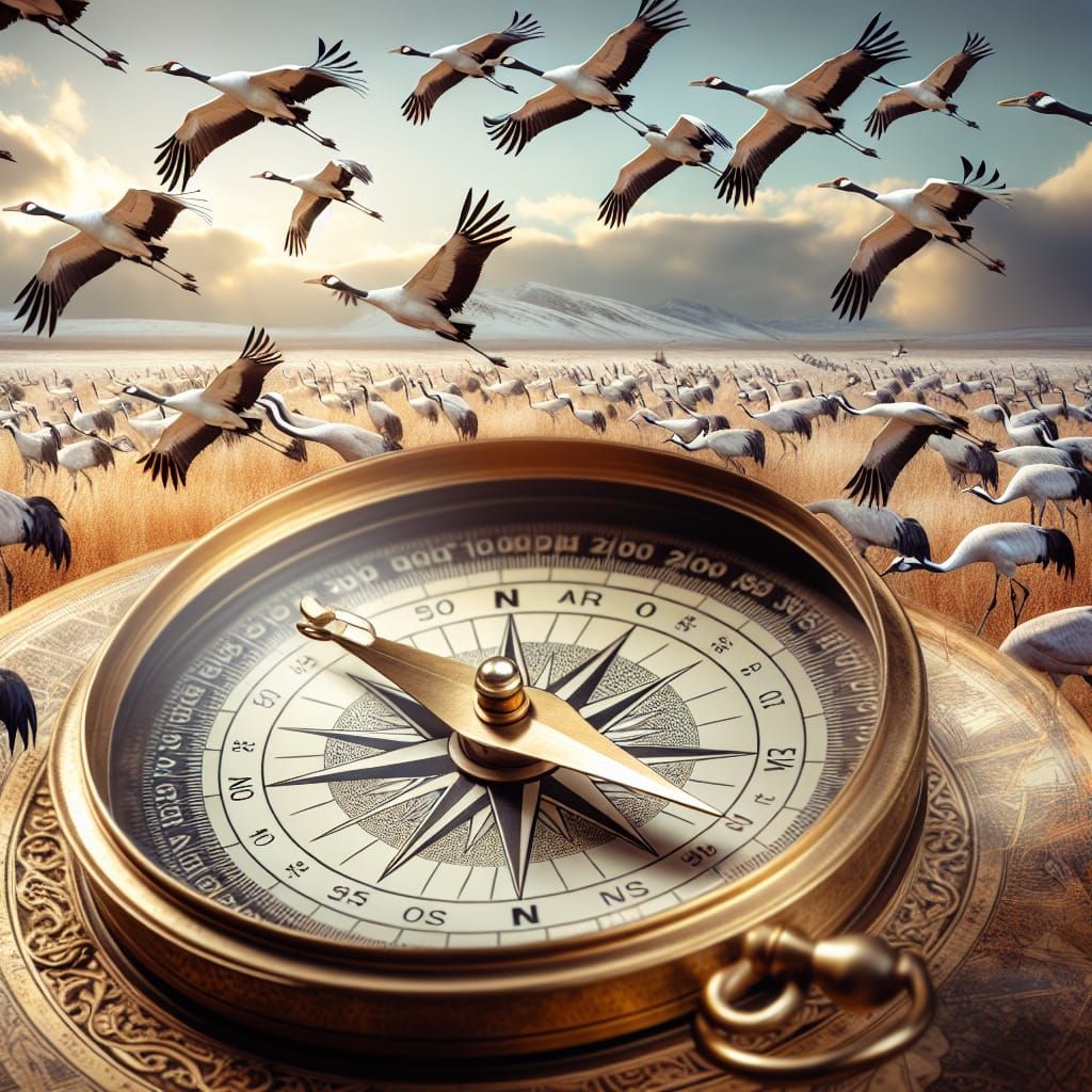 Cranes Flying North with Compass Outline