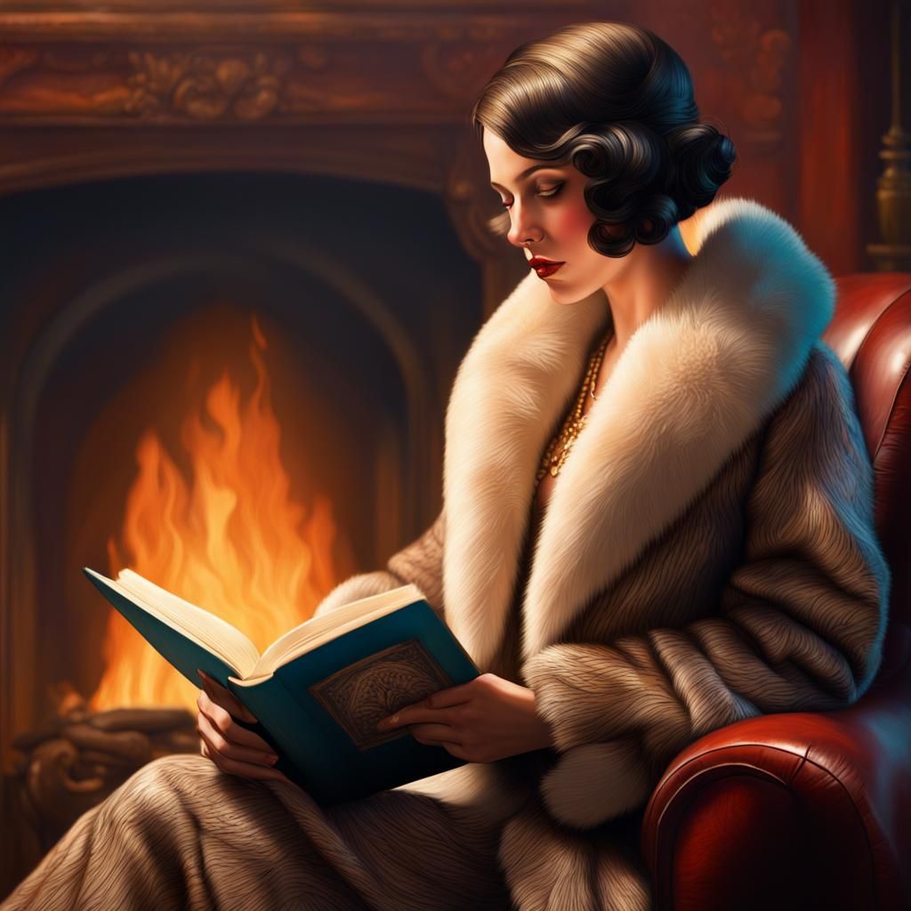 1920s Woman Reading by Fireside in Splash Art