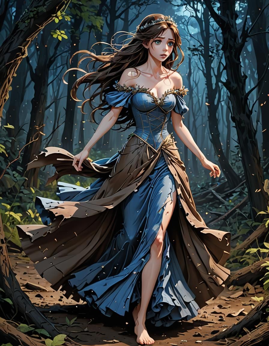 Distressed Princess Runs Through Dark Forest