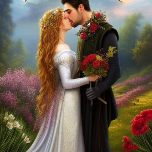 Medieval Knight and Victorian Lady Kiss Painting