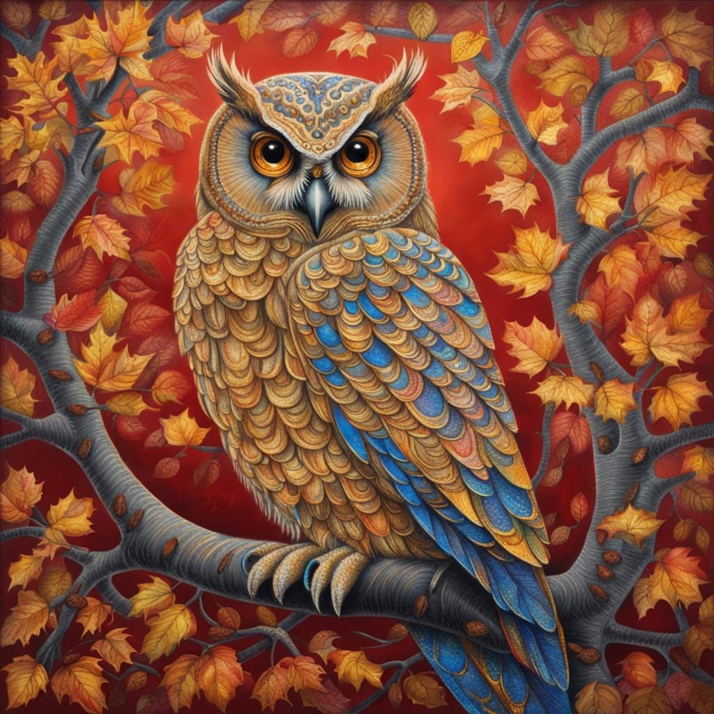 Golden Owl Perched on Autumn Tree: Charcoal Drawing