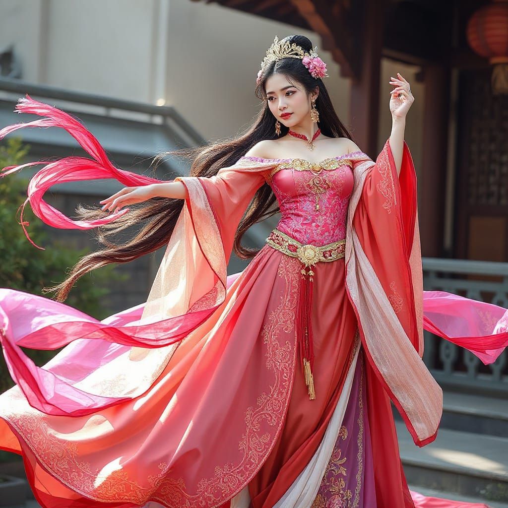Elegant Hanfu Princess in Vibrant Colors and Ornate Jewelry