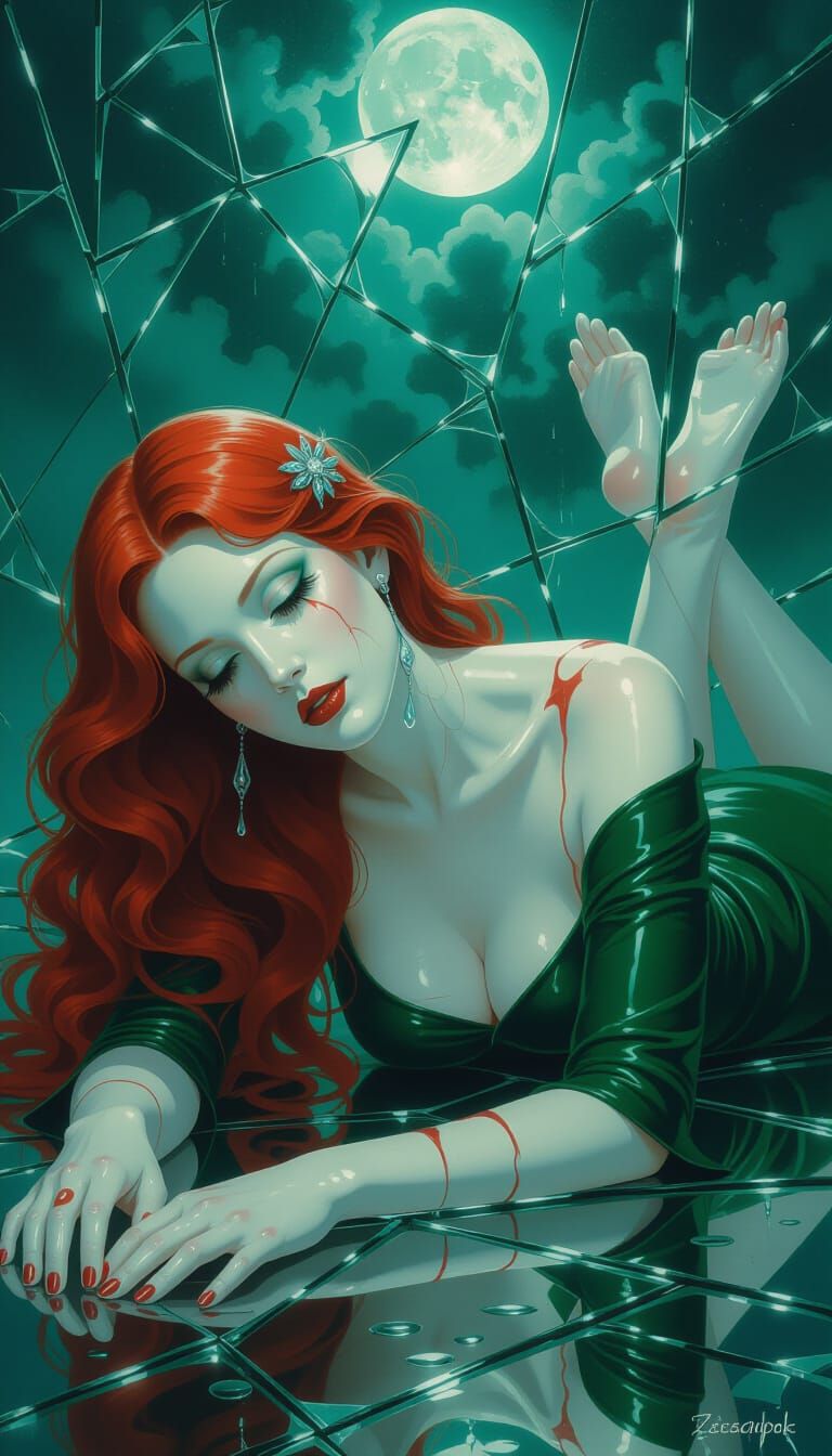 Surreal Cracked Woman Portrait in Moonlight