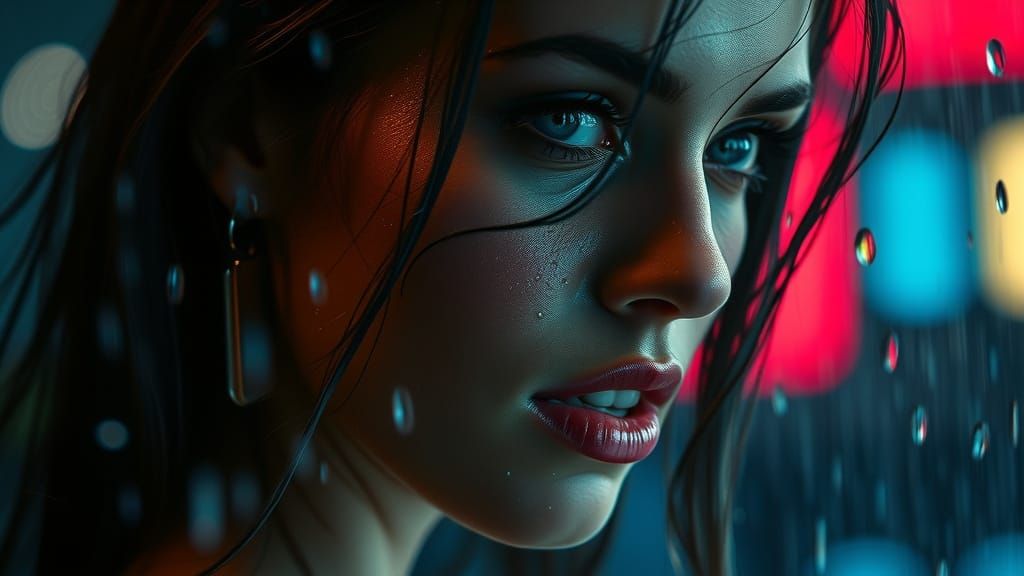 Mysterious Woman in Rainy Noir, Futuristic Lighting