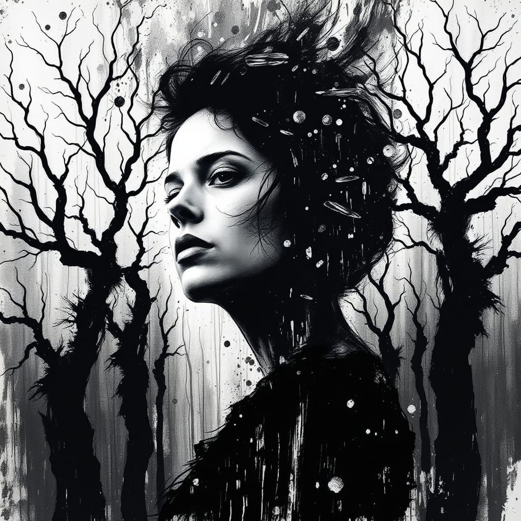 Woman's Face in Abstract Ink Splatter Art