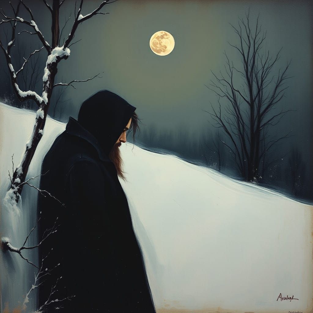 Surreal Winter Scene with Figure Hiding in Snow