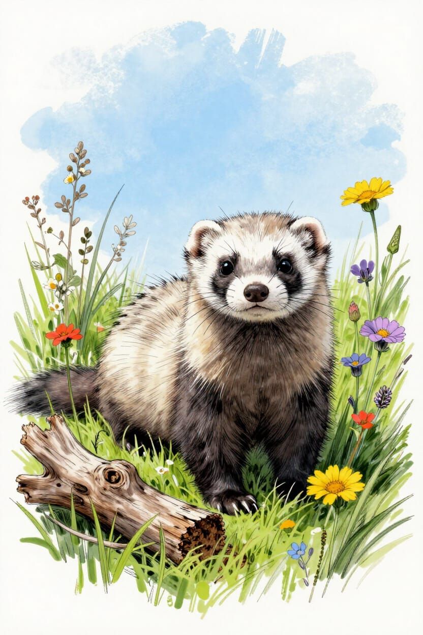 Furry Ferret Amidst Wildflowers as Detailed Sketch