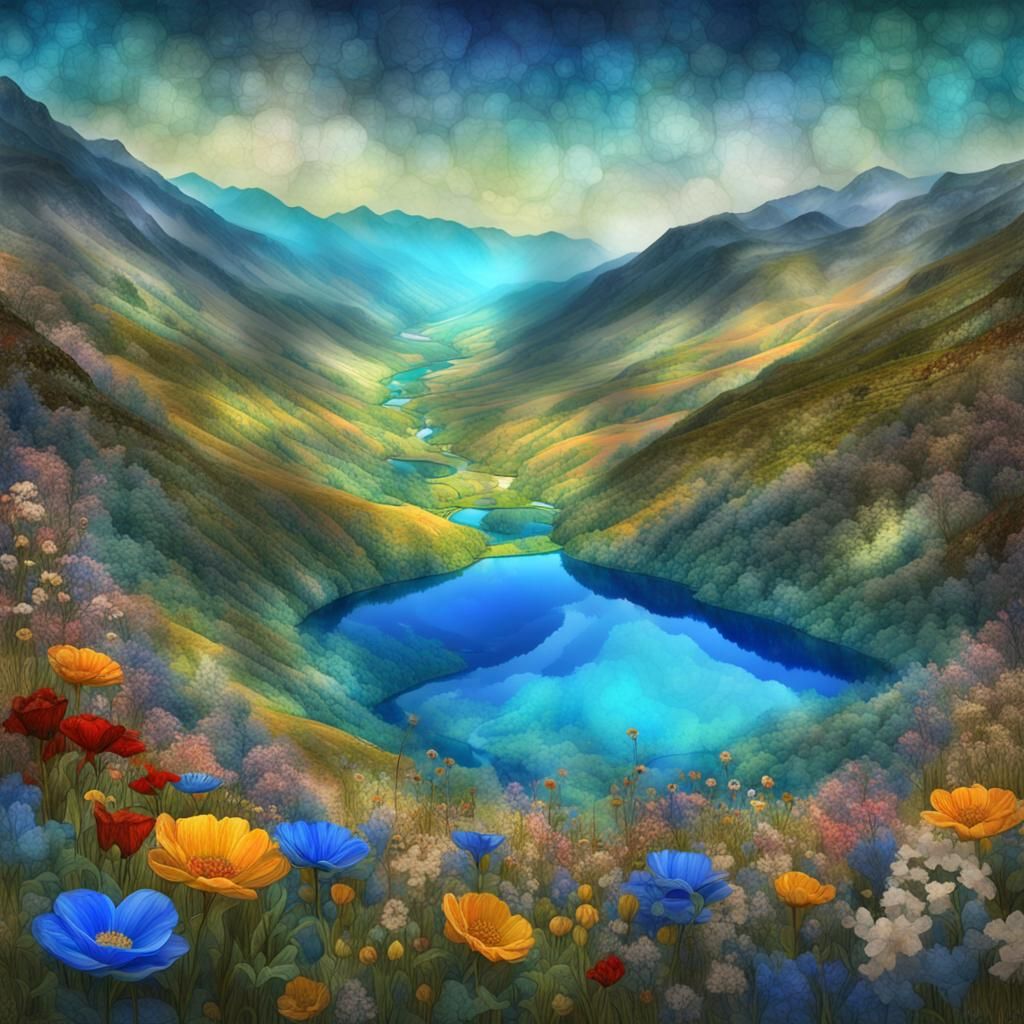 Vibrant Valley with Blue Lake in Mixed Media