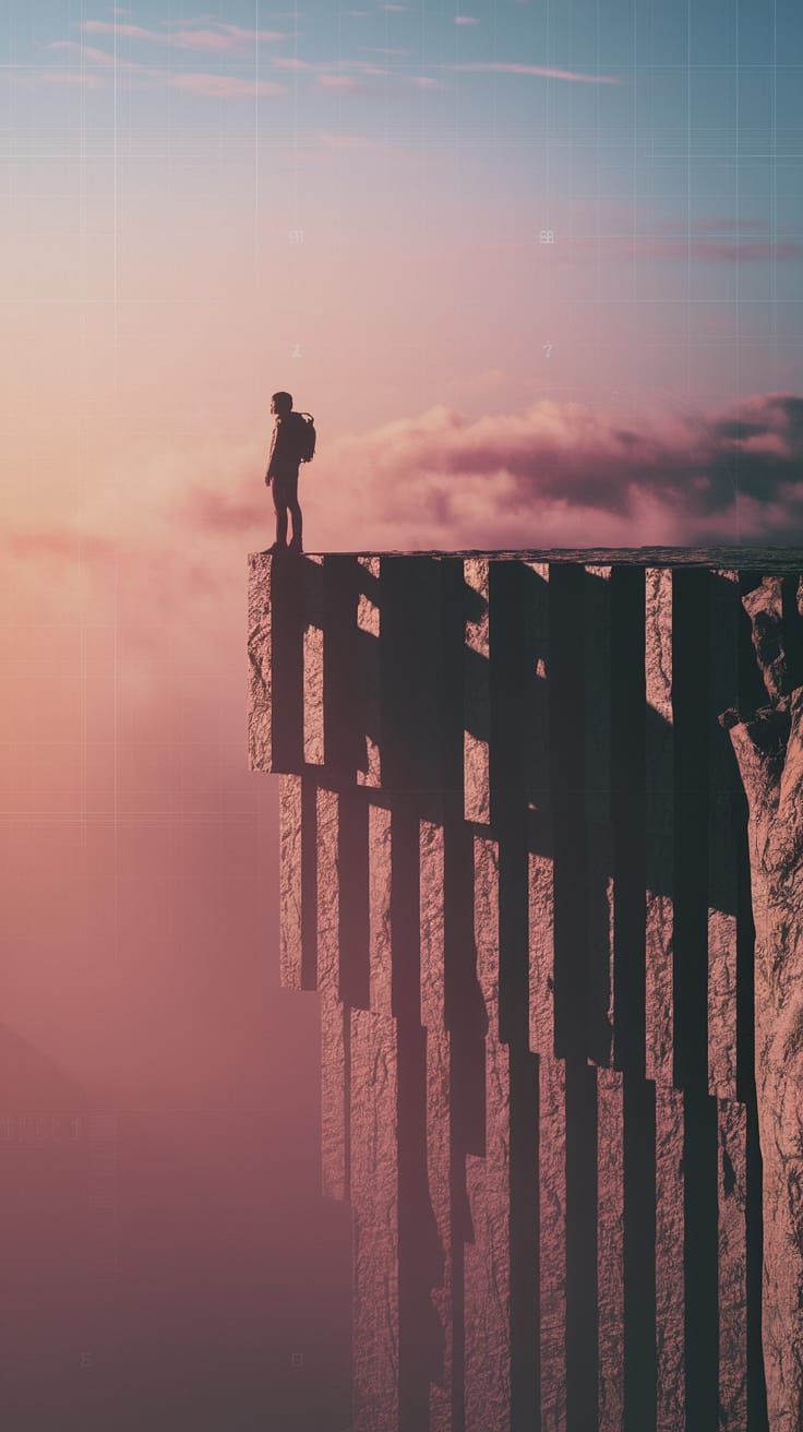 Traveler at Cliff Edge in Digital Sunset