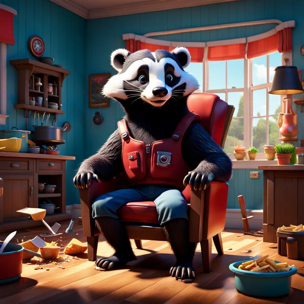Cartoon Badger Trashes House as 3D Digital Art