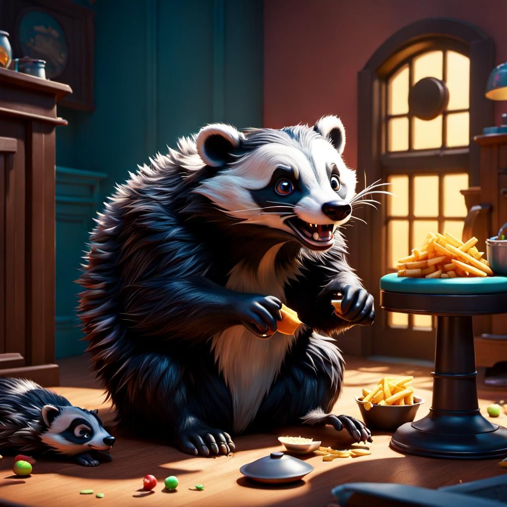 Mischievous Badger Trashing House: Pixar Style 3D Art