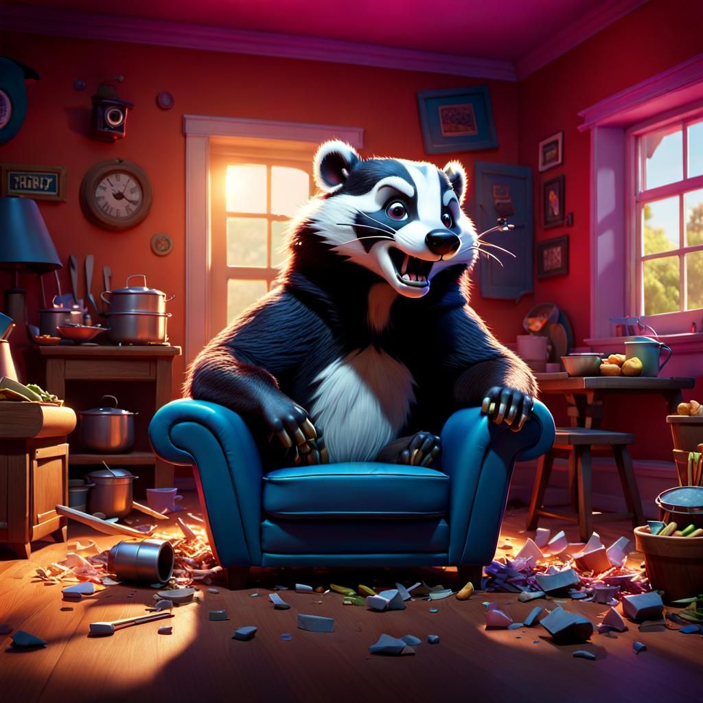 Crazy Badger Trashing House, 3D Digital Art