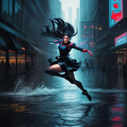 Dynamic Parkour Runner in Flooded Neon City